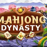 Mahjong Dynasty -tekstiä reunustavat lohikäärmeet, kirsikankukkia ja vuoristotausta