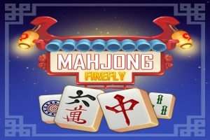 Punainen ja sininen katto, jossa lyhdyt roikkuvat, sana Mahjong Firefly keskellä ja kolme mahjong-laattaa alapuolella sinisellä taustalla
