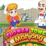 Kuvassa on piirretyt tyttö ja mies puutarhassa, jossa on puutarhatyökaluja ja kyltti Flower Tower Mahjong