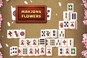 Pelilauta, jossa on erilaisia mahjong-laattoja, ympärillä vaaleanpunaisia kukkia