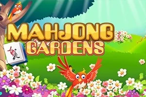 Värikäs lintuteemainen kuva, jossa on teksti MAHJONG GARDENS kukkarikkaassa puutarhassa