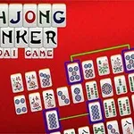 Mahjong-pelilaattoja punaisella taustalla, osa laattojen yhdistelmistä korostettu sinisillä ja vihreillä viivoilla