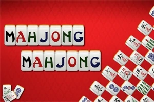 Punaisella taustalla sana MAHJONG kahdesti laattoihin kirjoitettuna ja oikealla kuvioituja laattoja