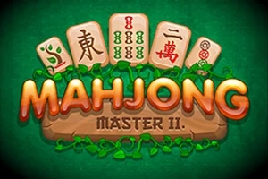 Vihreällä taustalla on viisi mahjong-laattaa ja teksti MAHJONG MASTER II koristeltuna vihreillä köynnöksillä