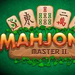 Vihreällä taustalla on viisi mahjong-laattaa ja teksti MAHJONG MASTER II koristeltuna vihreillä köynnöksillä