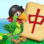 Värikäs papukaija merirosvohatussa seisoo mahjong-laatan vieressä merenrantaa vasten