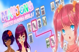 Kuvassa on kolme anime-tyylistä tyttöä, mahjong-laattoja ja värikkäitä kirjaimia sinisellä taustalla