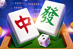 Kuvassa on kaksi suurta mahjong-laattaa, joissa on punainen ja vihreä merkki, sekä noppia värikkäällä taustalla
