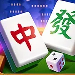 Kuvassa on kaksi suurta mahjong-laattaa, joissa on punainen ja vihreä merkki, sekä noppia värikkäällä taustalla