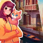 Nuori nainen keltaisessa takissa pitelee oranssia kissaa, taustalla kaupunkinäkymä kanaalilla ja värikkäitä mahjong-laattoja