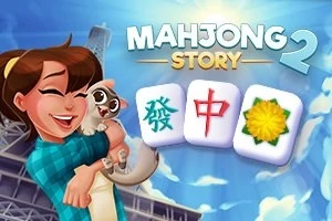 Hymyilevä nainen pitää sylissään kissaa, vieressä on kolme mahjong-laattaa sinistä taustaa vasten, ja yläpuolella on teksti MAHJONG STORY 2