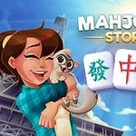 Hymyilevä nainen pitää sylissään kissaa, vieressä on kolme mahjong-laattaa sinistä taustaa vasten, ja yläpuolella on teksti MAHJONG STORY 2
