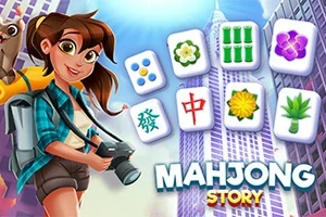 Nuori tyttö valokuvakameran kanssa seisoo pilvenpiirtäjien edessä, ja ympärillä on mahjong-laattoja