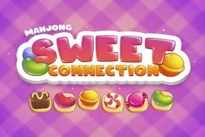 Violetti ruudullinen tausta, jossa on teksti Mahjong Sweet Connection sekä erilaisia värikkäitä karkkeja alla