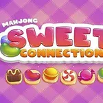 Violetti ruudullinen tausta, jossa on teksti Mahjong Sweet Connection sekä erilaisia värikkäitä karkkeja alla