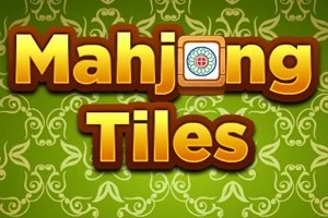 Kuvassa on vihreä tausta kukkakoristeilla ja teksti Mahjong Tiles kultaisilla kirjaimilla