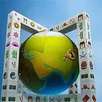 Vihreä maailma taustalla ja kaksi mahjong-laatoilla reunustettua kehystä sinistä taivasta vasten