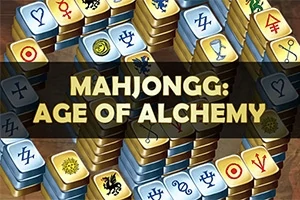 Pinottuja mahjong-laattoja, joissa on alkemiaan liittyviä symboleja, ja keskellä teksti MAHJONGG: AGE OF ALCHEMY