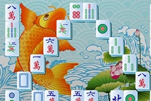 Kultainen kala sinisellä aaltoilevalla taustalla, jonka päällä on pino erilaisia mahjong-laattoja