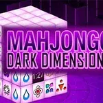 Kolmiulotteinen kuutio, jossa on erilaisia symboleja purppuralla taustalla ja teksti Mahjongg Dark Dimensions