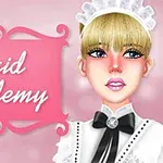 Vaaleahiuksinen piirretty hahmo palvelijan asussa vaaleanpunaisella taustalla, teksti Maid Academy vasemmalla