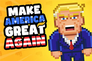 Pikselöity hahmo sinisissä vaatteissa keltaisella taustalla tekstin MAKE AMERICA GREAT AGAIN vieressä