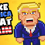 Pikselöity hahmo sinisissä vaatteissa keltaisella taustalla tekstin MAKE AMERICA GREAT AGAIN vieressä