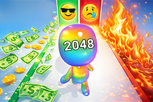 Värikäs 2048-pallohahmo kulkee rahojen ja kolikoiden reunustamalla polulla, jonka toisella puolella roihuaa tuli