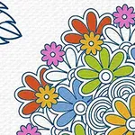 Kuvassa on värikäs kukkakuvio, jossa on sinisiä, oransseja, vaaleanpunaisia, keltaisia ja vihreitä kukkia valkoisella taustalla, vasemmalla puolella sininen lehtikuvio
