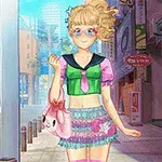 Anime-tyylinen tyttö kävelee värikkäässä kadunäkymässä pukeutuneena vihreään ja vaaleanpunaiseen asuun, kantaen vaaleanpunaista laukkua