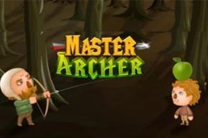 Kaksi sarjakuvahahmoa metsässä, joista toinen ampuu jousella kohti omenaa toisen pään päällä, keskellä teksti Master Archer