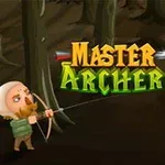 Kaksi sarjakuvahahmoa metsässä, joista toinen ampuu jousella kohti omenaa toisen pään päällä, keskellä teksti Master Archer