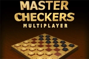 Tammi-lauta puu- ja mustilla pelinappuloilla, taustalla Master Checkers Multiplayer -teksti