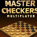 Tammi-lauta puu- ja mustilla pelinappuloilla, taustalla Master Checkers Multiplayer -teksti