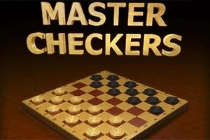 Master Checkers -teksti kullanvärisenä puisella taustalla, jonka alapuolella on šakkilauta valmiissa peliasetelmassa
