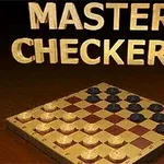 Master Checkers -teksti kullanvärisenä puisella taustalla, jonka alapuolella on šakkilauta valmiissa peliasetelmassa