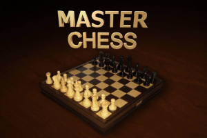Shakkilauta mustilla ja valkoisilla nappuloilla, taustalla teksti MASTER CHESS