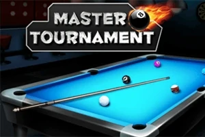 Biljardipöytä, jossa on useita värikkäitä palloja ja biljardikeppi; taustalla lukee Master Tournament
