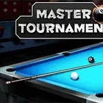 Biljardipöytä, jossa on useita värikkäitä palloja ja biljardikeppi; taustalla lukee Master Tournament