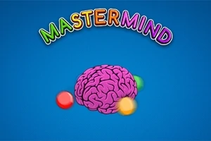 Värikäs otsikko Mastermind kaareutuu vaaleanpunaisen aivojen kuvan yläpuolella sinisellä taustalla, ja sen ympärillä on värikkäitä palloja