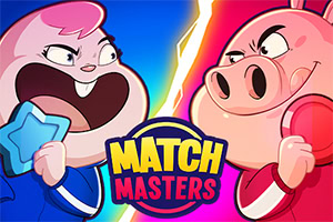 Kaksi piirroshahmoa, joista toinen vasemmalla pitelee sinistä tähteä ja toinen oikealla punaista ympyrää, keskellä teksti Match Masters