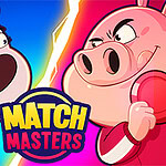 Kaksi piirroshahmoa, joista toinen vasemmalla pitelee sinistä tähteä ja toinen oikealla punaista ympyrää, keskellä teksti Match Masters