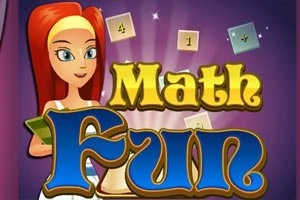 Punahiuksinen hahmo, jolla on vihko, sekä värikäs Math Fun -teksti ja ympärillä leijuvia numerolaattoja