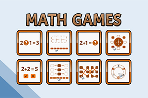 Teksti MATH GAMES kahdeksan neliön sisällä, joissa on erilaisia matemaattisia symboleja ja laskutoimituksia