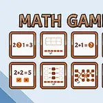 Teksti MATH GAMES kahdeksan neliön sisällä, joissa on erilaisia matemaattisia symboleja ja laskutoimituksia