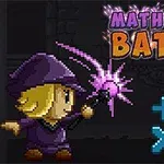Pikselityylinen taikuri purppuraviitassa käyttää taikasauvaa, ympärillä on matemaattisia symboleja ja teksti Math Magic Battle