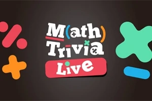 Tekstissä lukee Math Trivia Live värikkäiden matemaattisten symbolien ympäröimänä tummalla taustalla