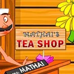 Sarjakuvamainen hahmo seisoo teekaupan tiskin takana, jossa lukee Mathais Tea Shop, ja taustalla on puupaneelia ja keltainen kukka