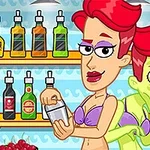 Punatukkainen nainen violeteissa bikineissä pitelee purkkia, taustalla vihreäihoinen hahmo, ja hyllyillä on erilaisia pulloja
