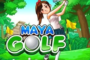 Nuori nainen lyö golflyöntiä viidakkomaisemassa, taustalla näkyy maya-tyylisiä rakenteita ja teksti Maya Golf